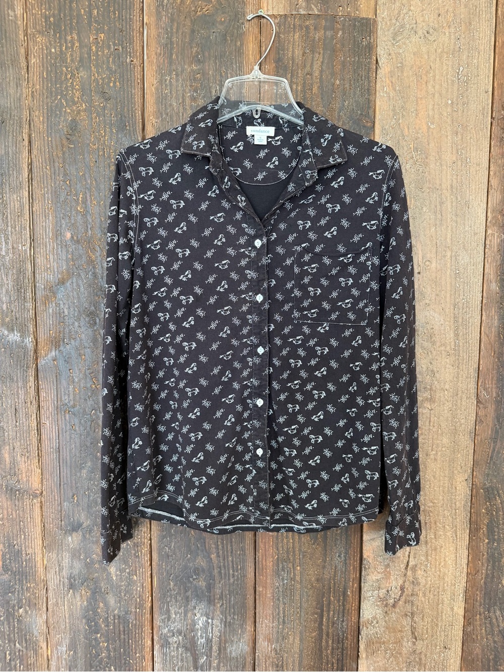 Sundance Black Long-Sleeve Button-Up Shirt with White Floral and Horse Print